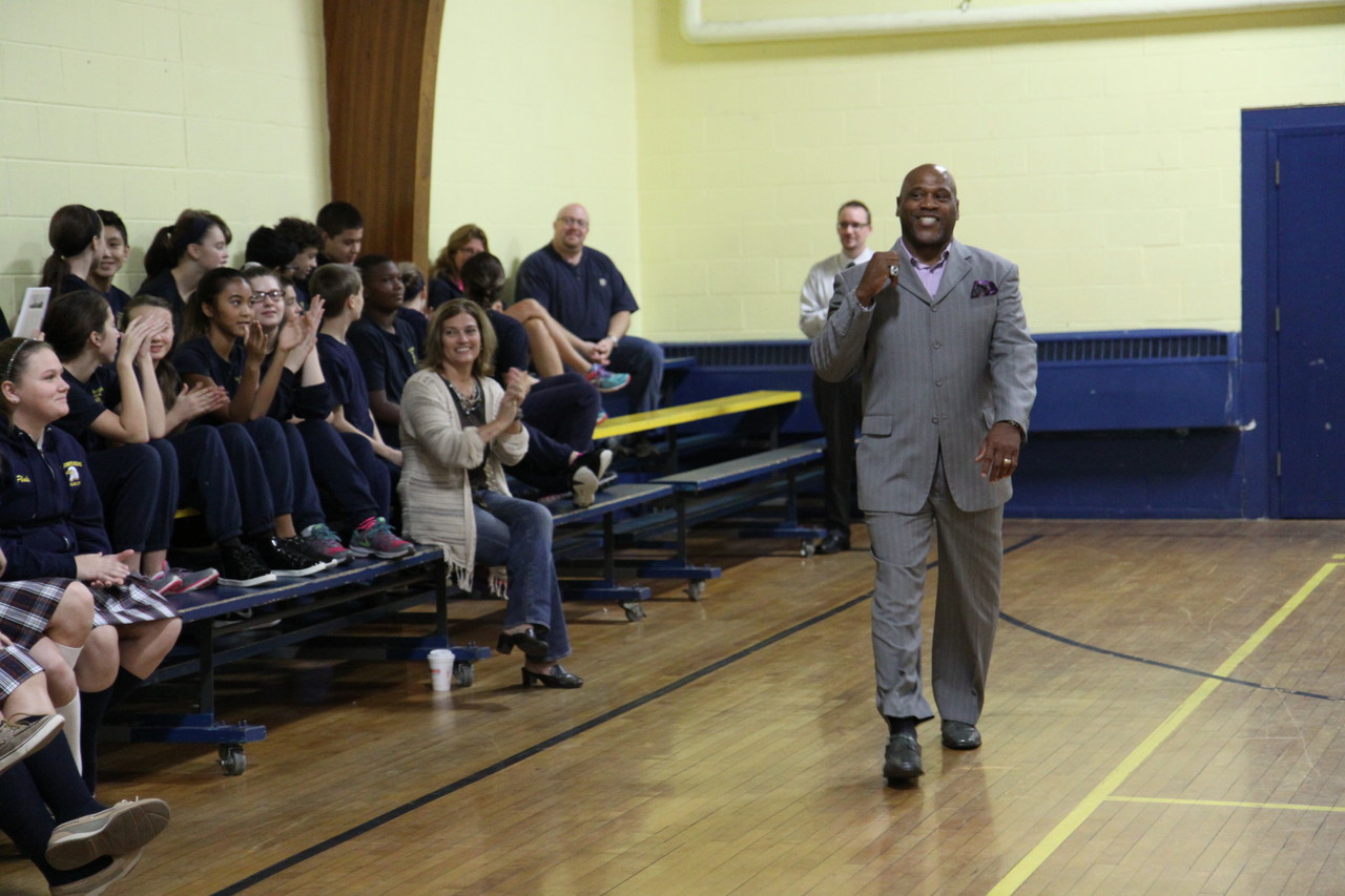 LIFE ADVICE Former Patriots running back Tony Collins visited St. Joseph School, West Warwick, for a recent speaking engagement. “Whatever you want to achieve in life, become it first, and you will become what you believe,” he told the middle school students.