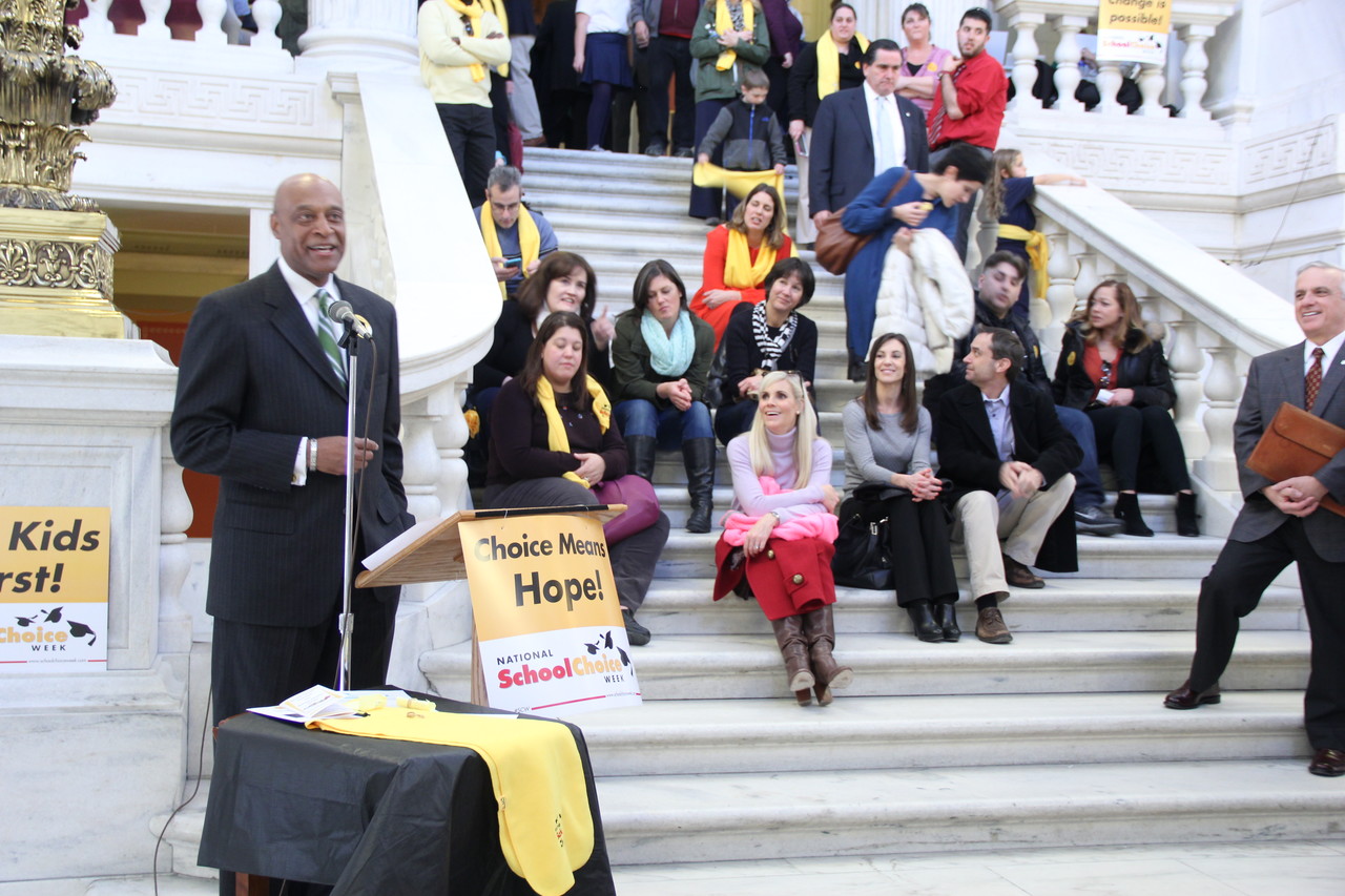 SEEKING SCHOOL CHOICE: Keynote Speaker Kevin Chavous, founding board member and executive counsel for the American Federation of Children, a noted author and national education reform leader, speaks to families rallying for expanded parental choice in education.