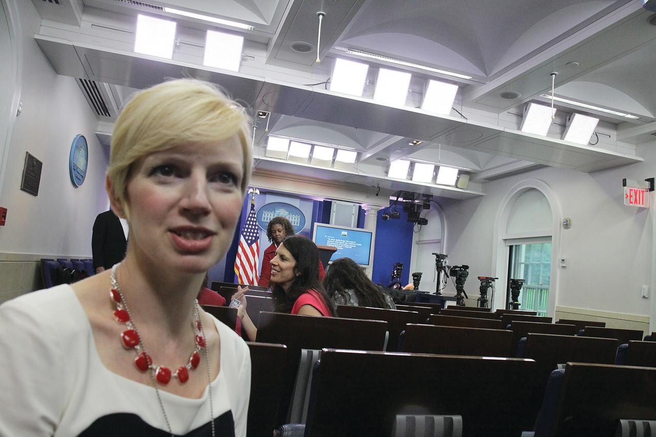 Rhode Island State Teacher of the Year, Tracy Lafreniere, a K-3 Reading Specialist at North Smithfield Elementary School, speaks about her experiences that day during an interview with Rhode Island Catholic in the White House Press Briefing Room.