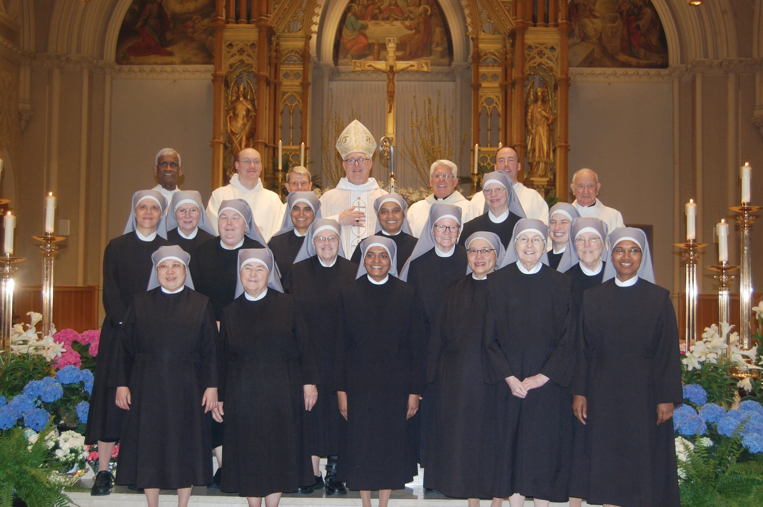 Bishop Thomas J. Tobin and priests from the Diocese of Providence join in celebrating the Little Sisters of the Poor, from the Jeanne Jugan Residence of Pawtucket, as they commemorate the 150th anniversary of the sisters’ mission in the United States of America with a special anniversary Mass on Saturday, May 4, at the Cathedral of SS. Peter and Paul.