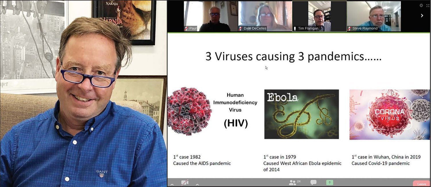 A screenshot from the March 24 Zoom presentation, “A Journey Through Three Pandemics,” given by Dr. Timothy Flanigan, pictured at left, for donors and friends of St. Patrick Academy in Providence.