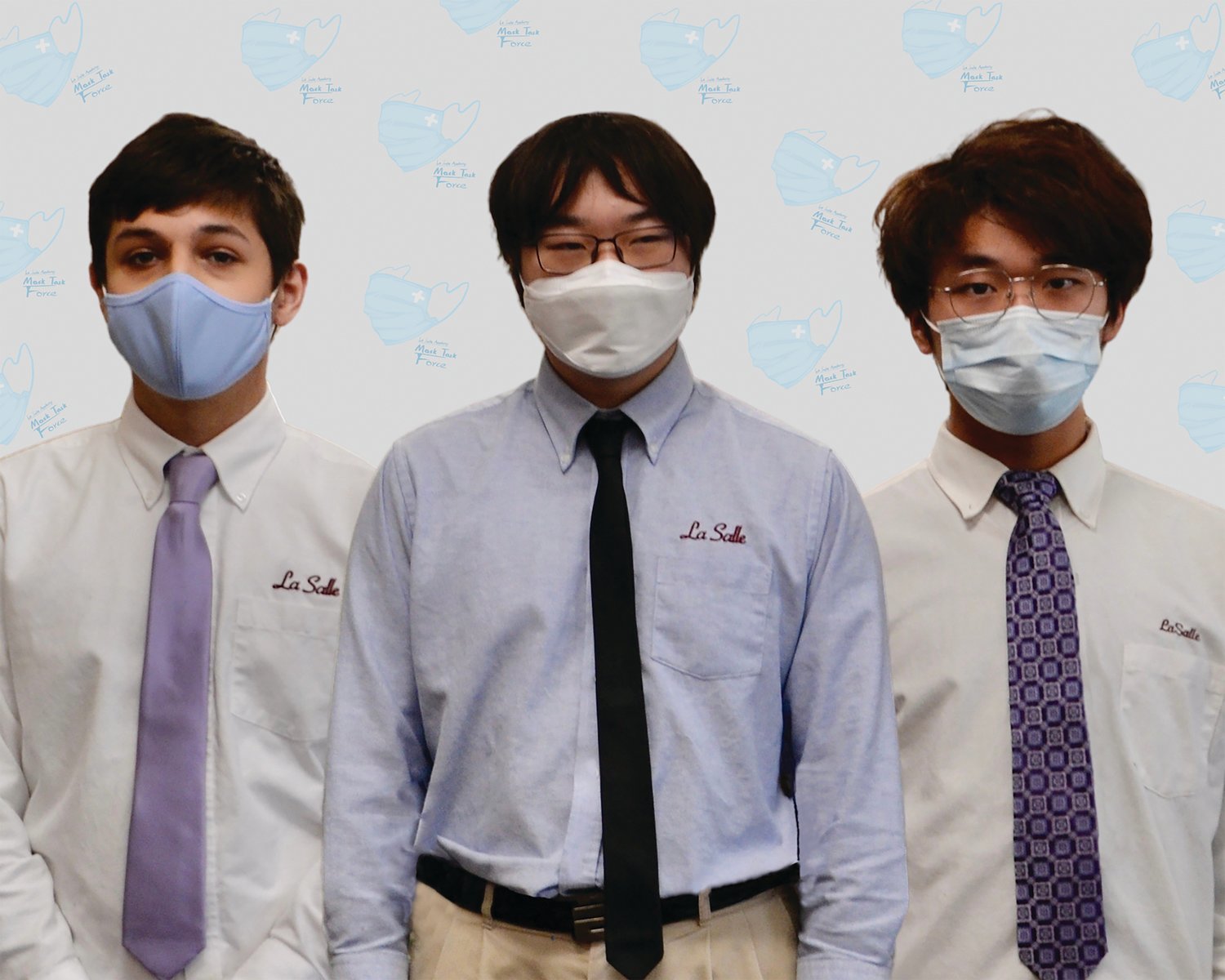 A project initiated by three La Salle Academy students resulted in seven local nonprofits receiving 4,000 medical face masks and the creation of a poster aimed at educating the community about COVID-19 safety. Pictured from left, Gianni Diarbi ‘22, Peter Cheng ‘21, and Tianli Jiang ‘21.