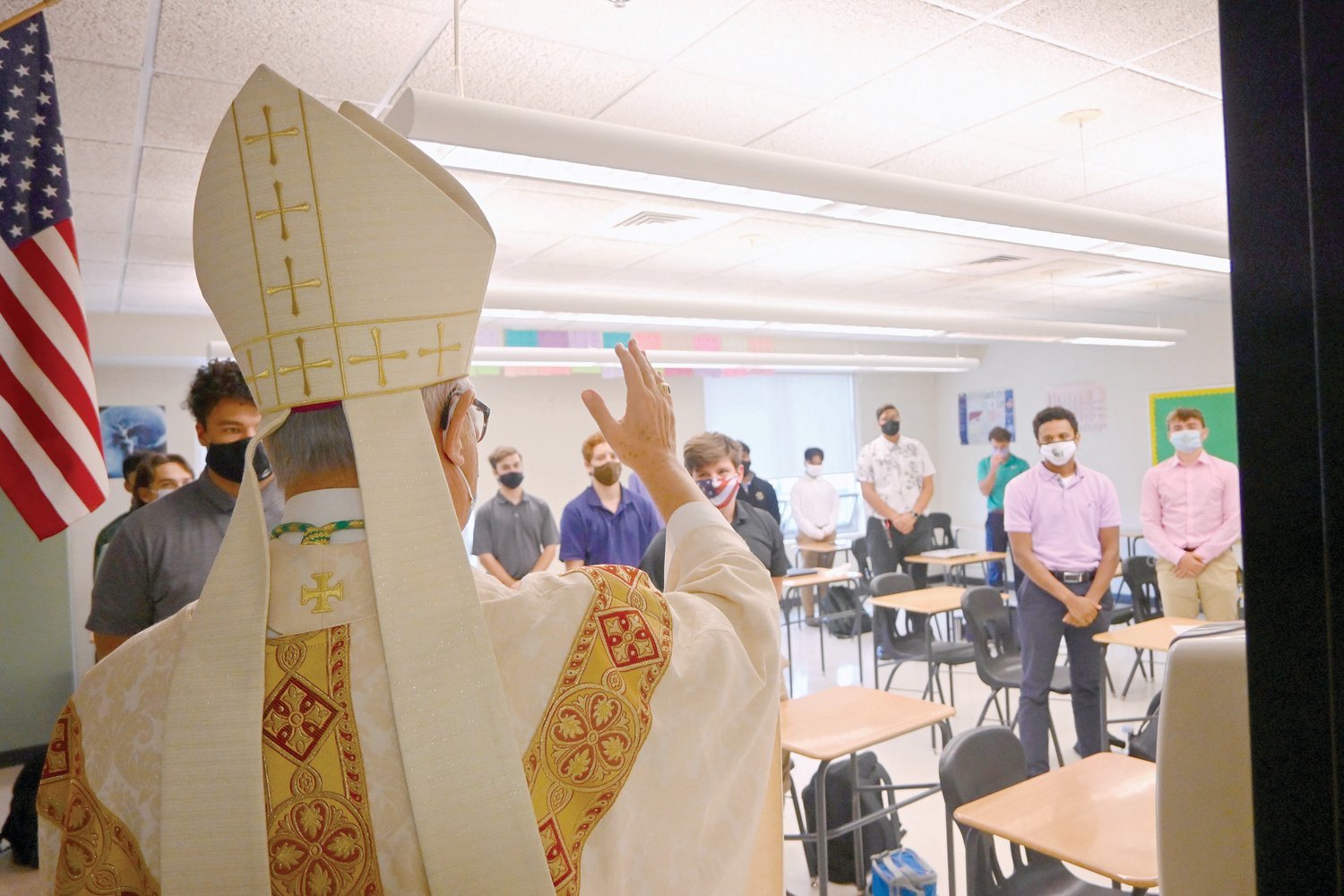 After celebrating Bishop Hendricken High School’s opening of school Mass on September 29, Bishop Tobin visited campus to chat with students and bless classrooms, even receiving a special gift from seniors in the Options Program.