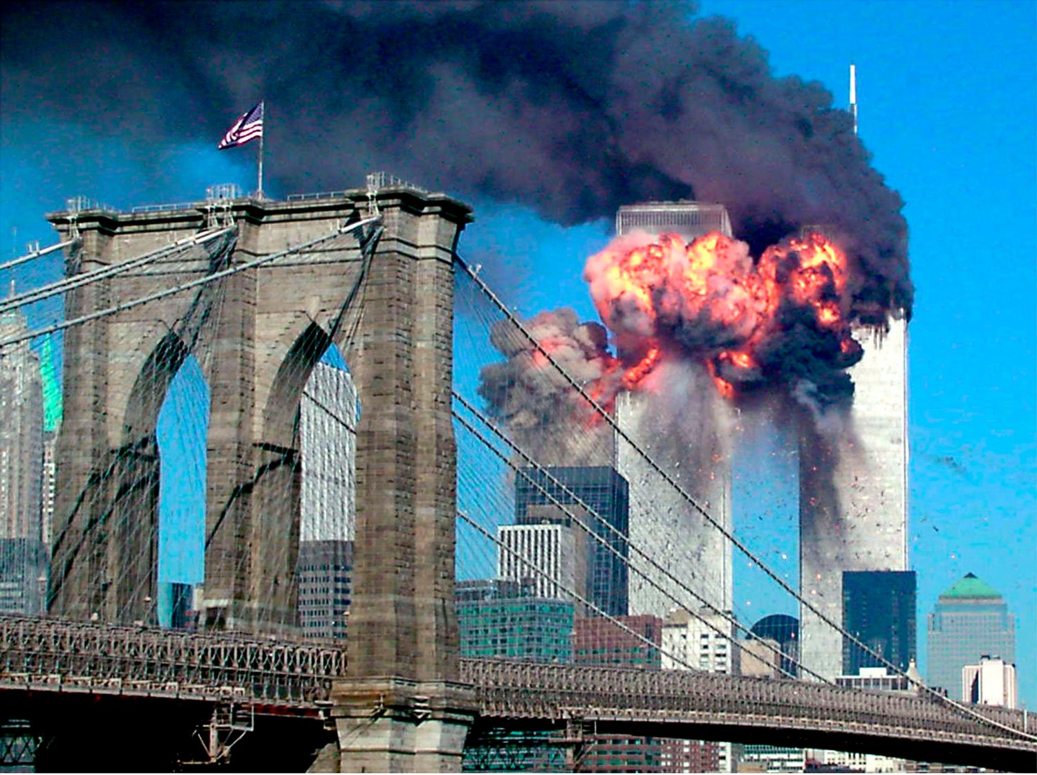 Both towers of the World Trade Center in New York City burn after being hit.by planes Sept. 11, 2001. Both towers of the complex collapsed as a result of airplane attacks on the structures. Nearly 3,000 people died in the collapse of the towers, at the Pentagon and in rural Pennsylvania when terrorists attacked the United States using commercial airplanes.