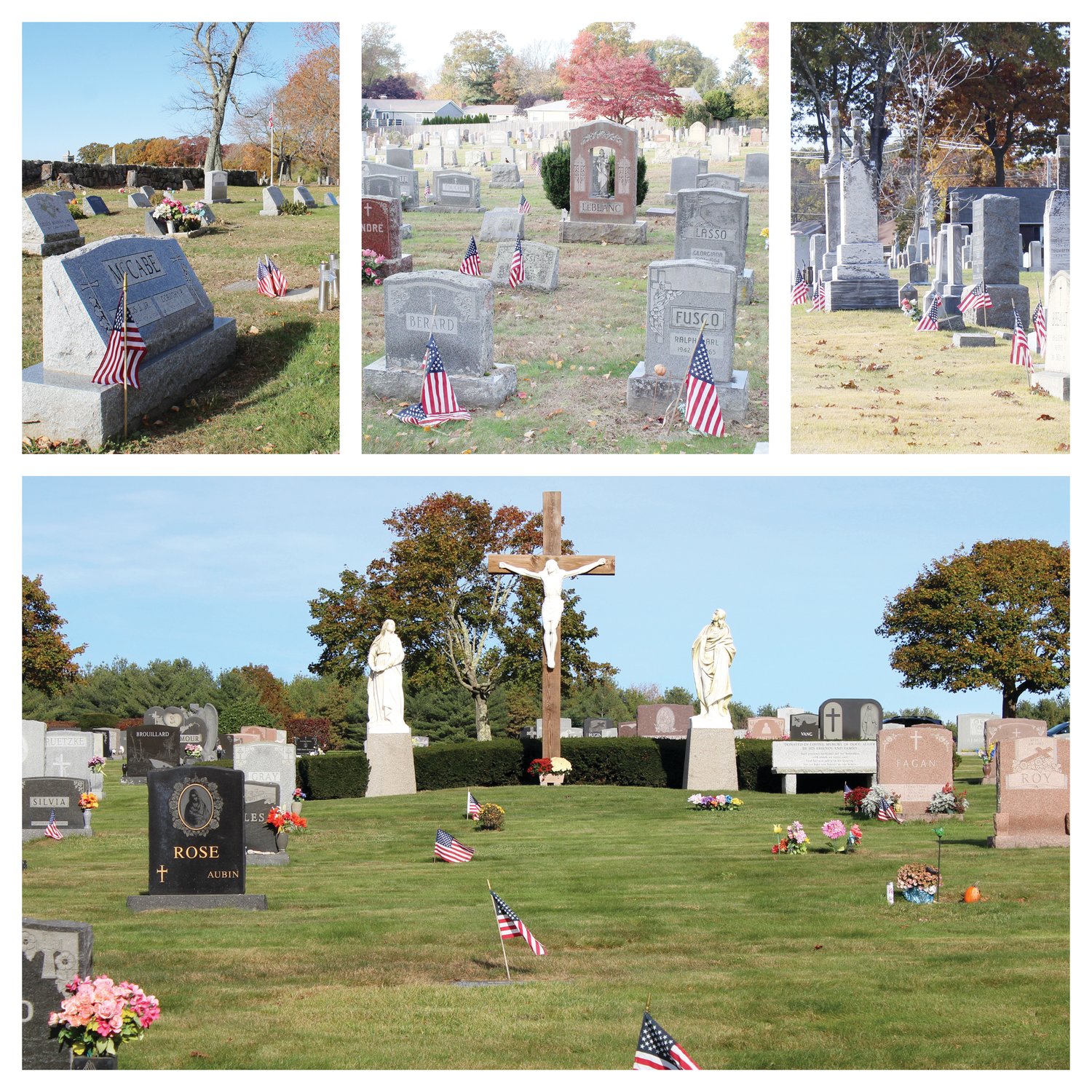 In the image, from left to right at top, flags decorate the graves of veterans at St. Joseph’s, Notre Dame and St. Mary’s cemeteries in West Warwick; and St. Joseph’s Cemetery in West Greenwich, below.