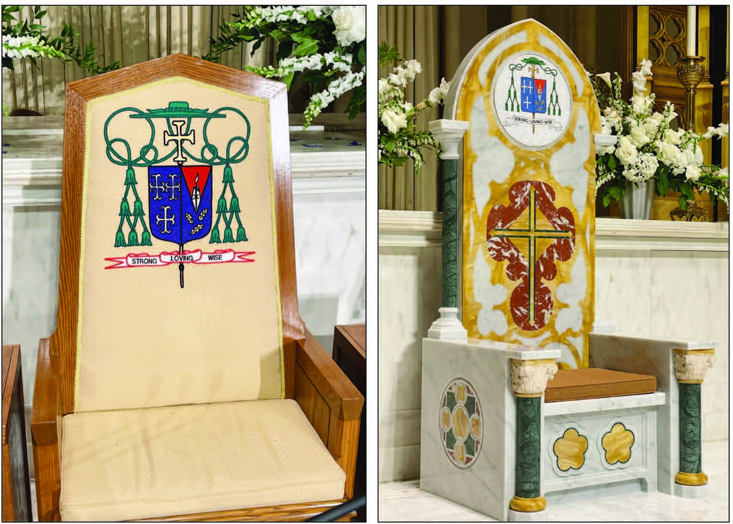 At left, the former cathedra installed at the Cathedral of SS. Peter and Paul in 1972. At right is the new Italian marble cathedra installed on June 9 that will be blessed and first used this Sunday during the 10 a.m. Mass.