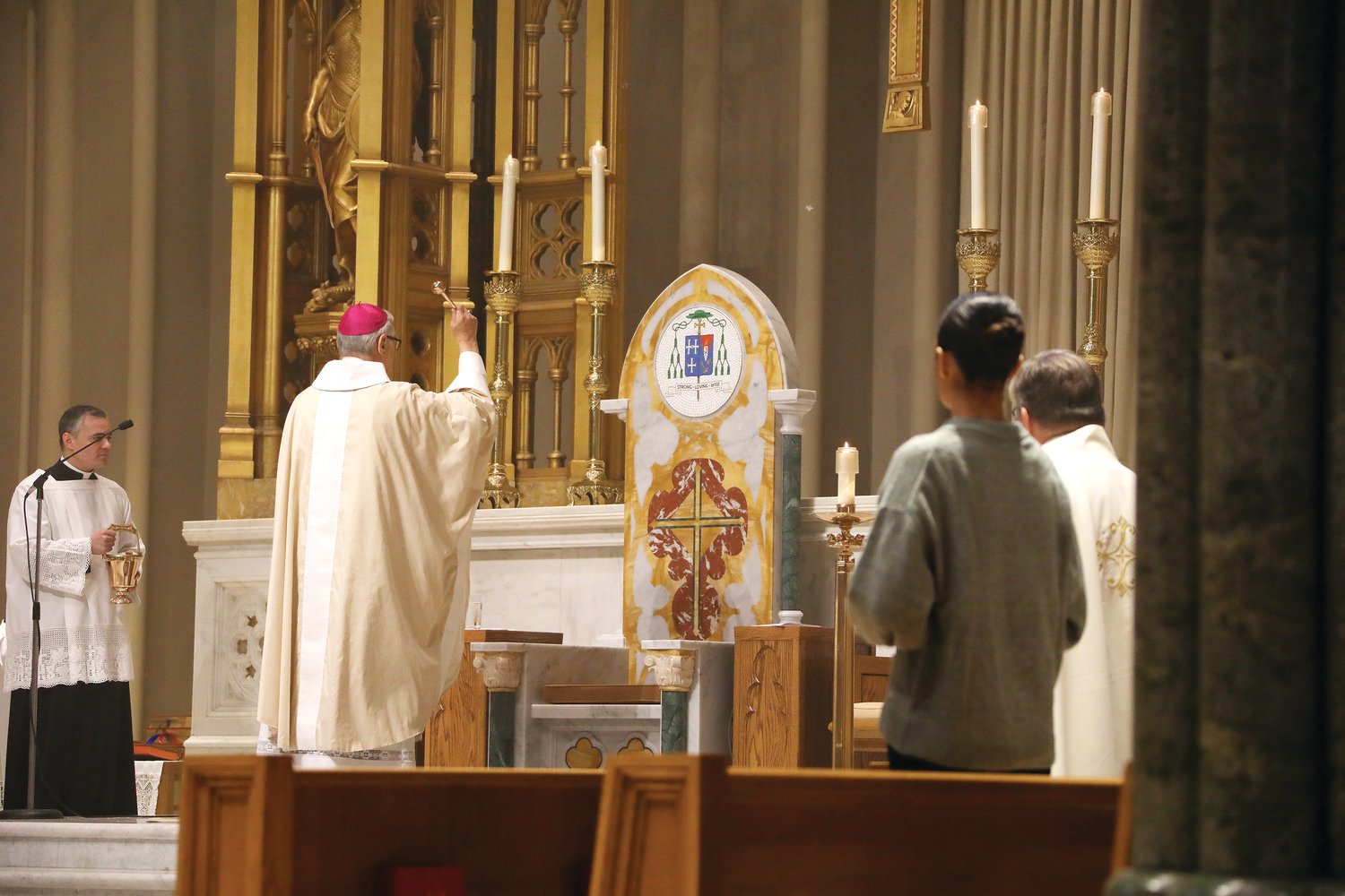 On Sunday, June 19, 2022, the Solemnity of Corpus Christi, Bishop Thomas J. Tobin blessed a newly installed marble cathedra at the Cathedral of SS. Peter and Paul. It serves as the symbol of a bishop’s role as shepherd and teacher of all Catholics in the diocese.