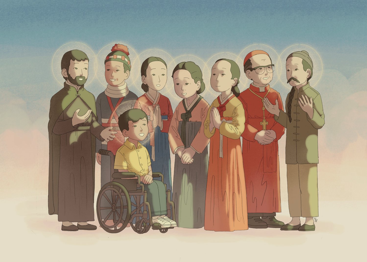 Pictured from left to right are Blessed Peter Kasui Kibe, Blessed Paul Thoj Xyooj, Darwin Ramos, St. Columba Kim Hyo-Im, St. Magdalena Son So-Byok, St. Agnes Kim Hyo-Ju, Cardinal Francis Xavier Nguyen Van Thuan and St. Mark Ji Tianxiang.