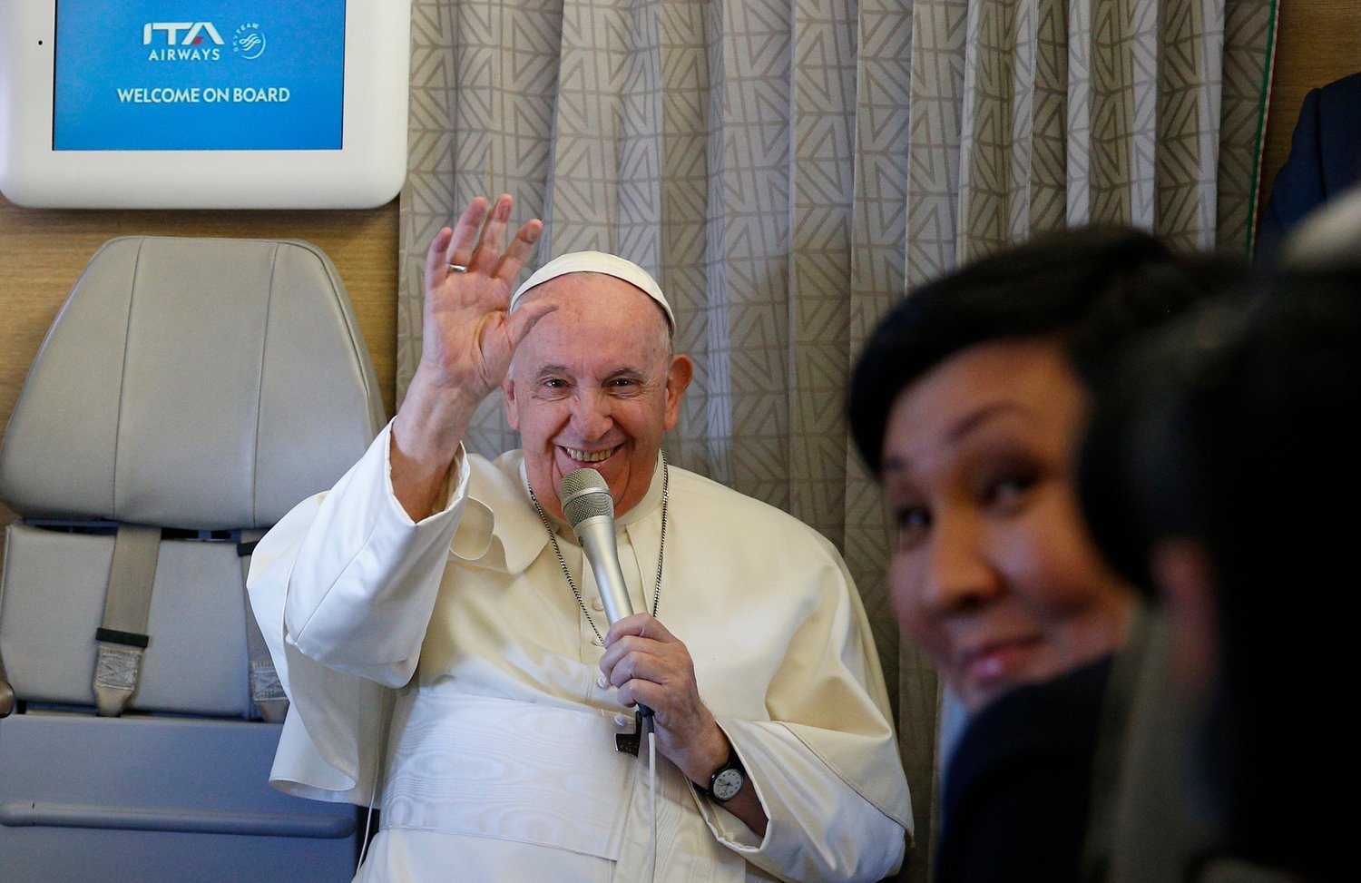 Pope Francis answers questions from journalists aboard his flight from Nur-Sultan, Kazakhstan, to Rome Sept. 15, 2022.