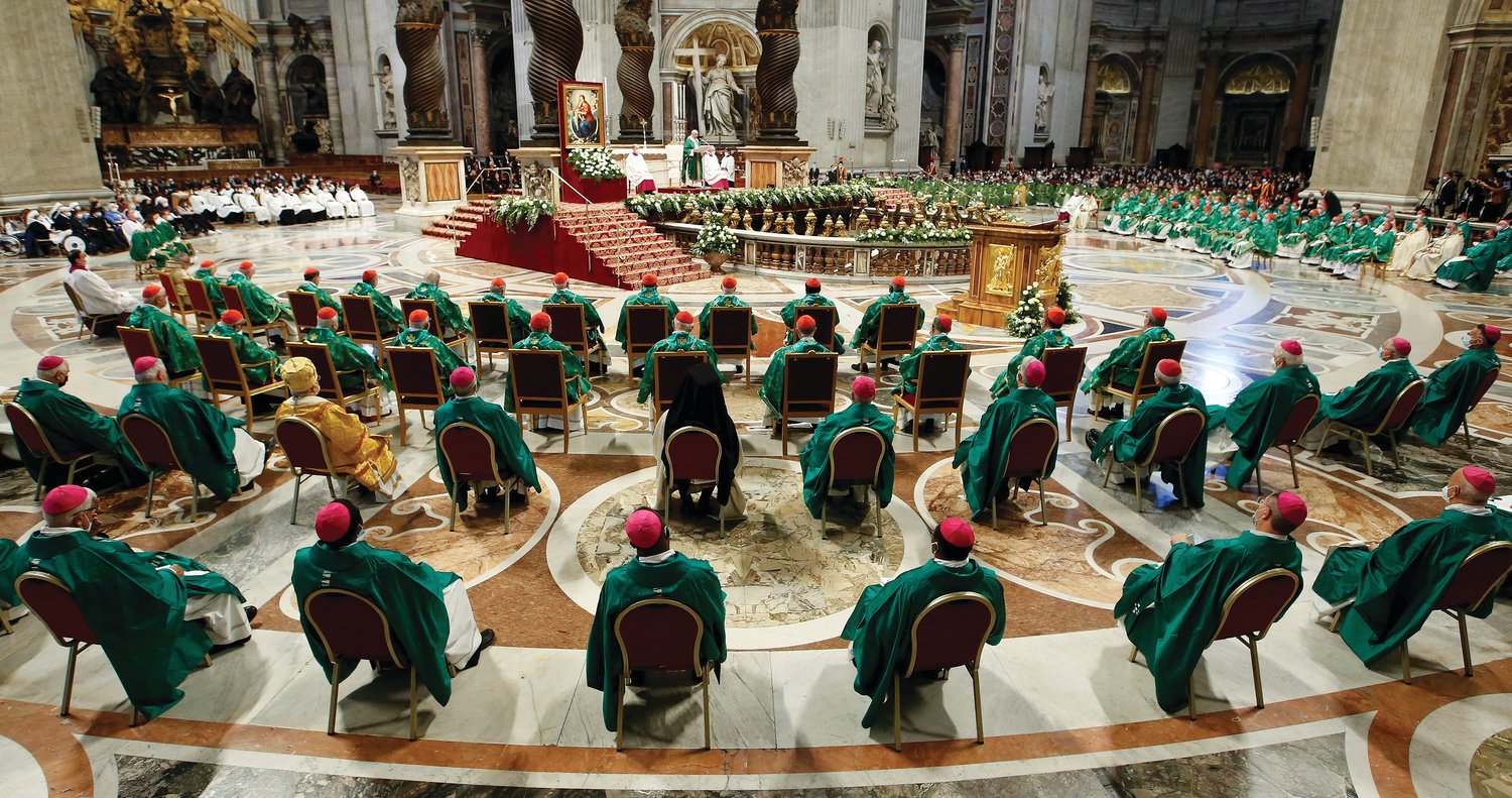 Pope Francis celebrates a Mass to open the listening process that leads up to the assembly of the world Synod of Bishops in 2023, in St. Peter's Basilica at the Vatican in this Oct. 10, 2021, file photo. On Oct. 2, 2022, Pope Francis heard syntheses from the listening phase of the 2023 synod.