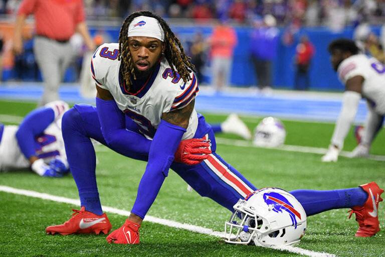 Buffalo Bills safety Damar Hamlin warms up before a game against the Detroit Lions at Ford Field Nov 24, 2022. Catholics are rejoicing in answered prayers after Hamlin was released from the hospital Jan. 9 after the Buffalo Bills safety nearly lost his life from cardiac arrest in a Jan. 2 NFL game.