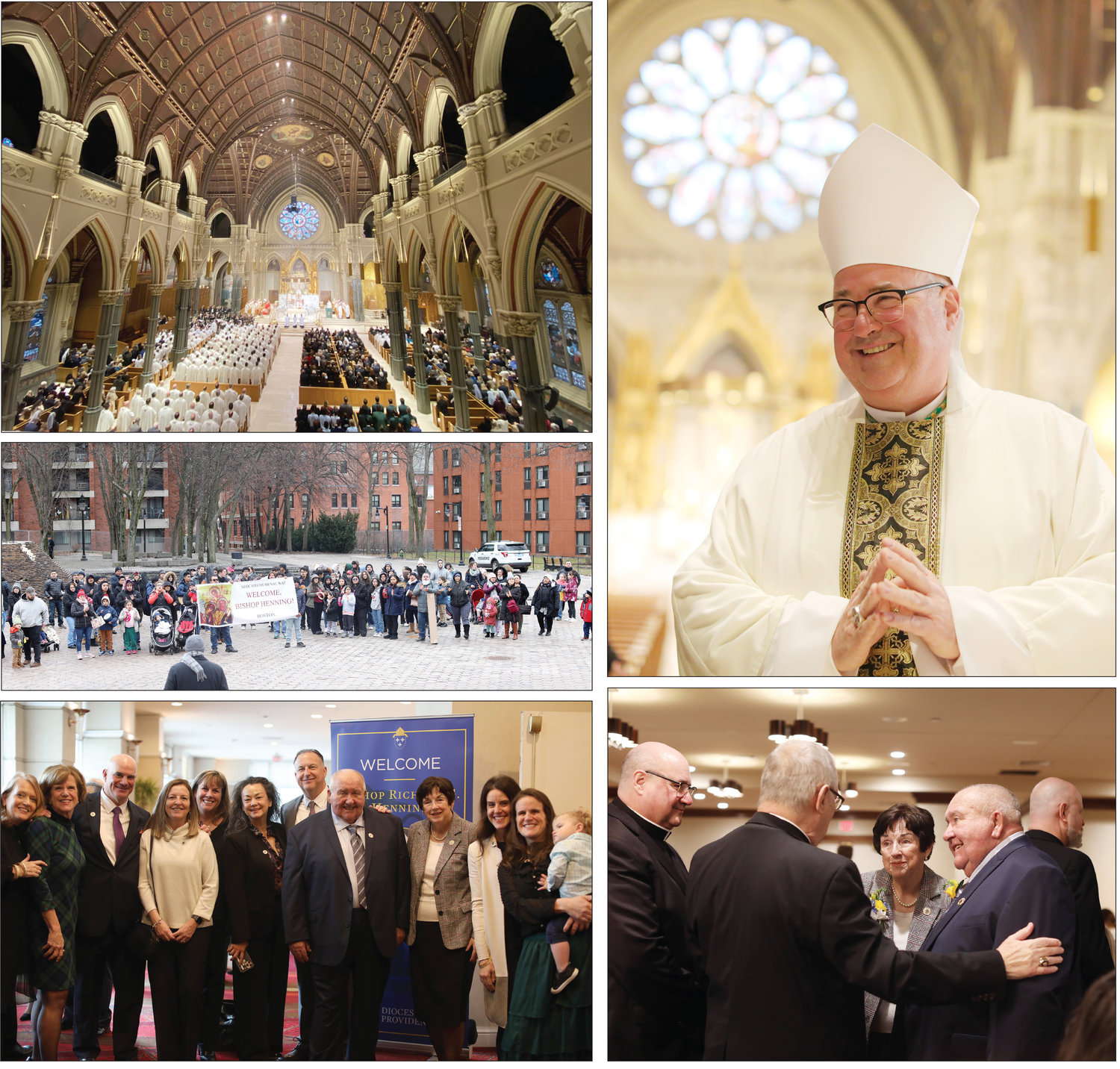 Clockwise, from top right: Bishop Henning beams with joy during his Mass of Reception; Bishop Thomas J. Tobin, with Coadjutor Bishop Richard G. Henning to his left, greets the bishop’s parents, Richard and Maureen Henning; Henning family members from Long Island and Florida gather for a photo at the Omni Providence before a pre-Mass luncheon; a Spanish-speaking group from Boston applauds Bishop Henning; a full cathedral for the Mass of Reception.