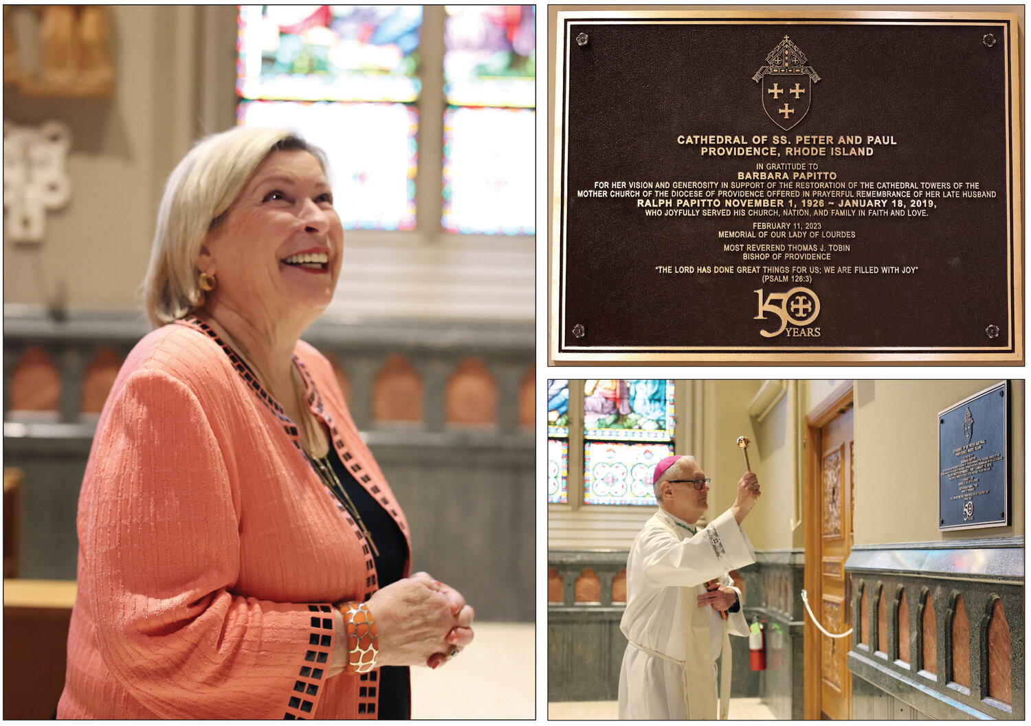 With tears in her eyes, Barbara Papitto admires the plaque with her and her late husband Ralph’s names affixed to the back wall of the Cathedral of SS. Peter and Paul, Providence, recognizing them for their great generosity to the local Catholic church. Papitto visited the cathedral on Monday, April 24, as Bishop Thomas J. Tobin blessed and dedicated the new plaque.