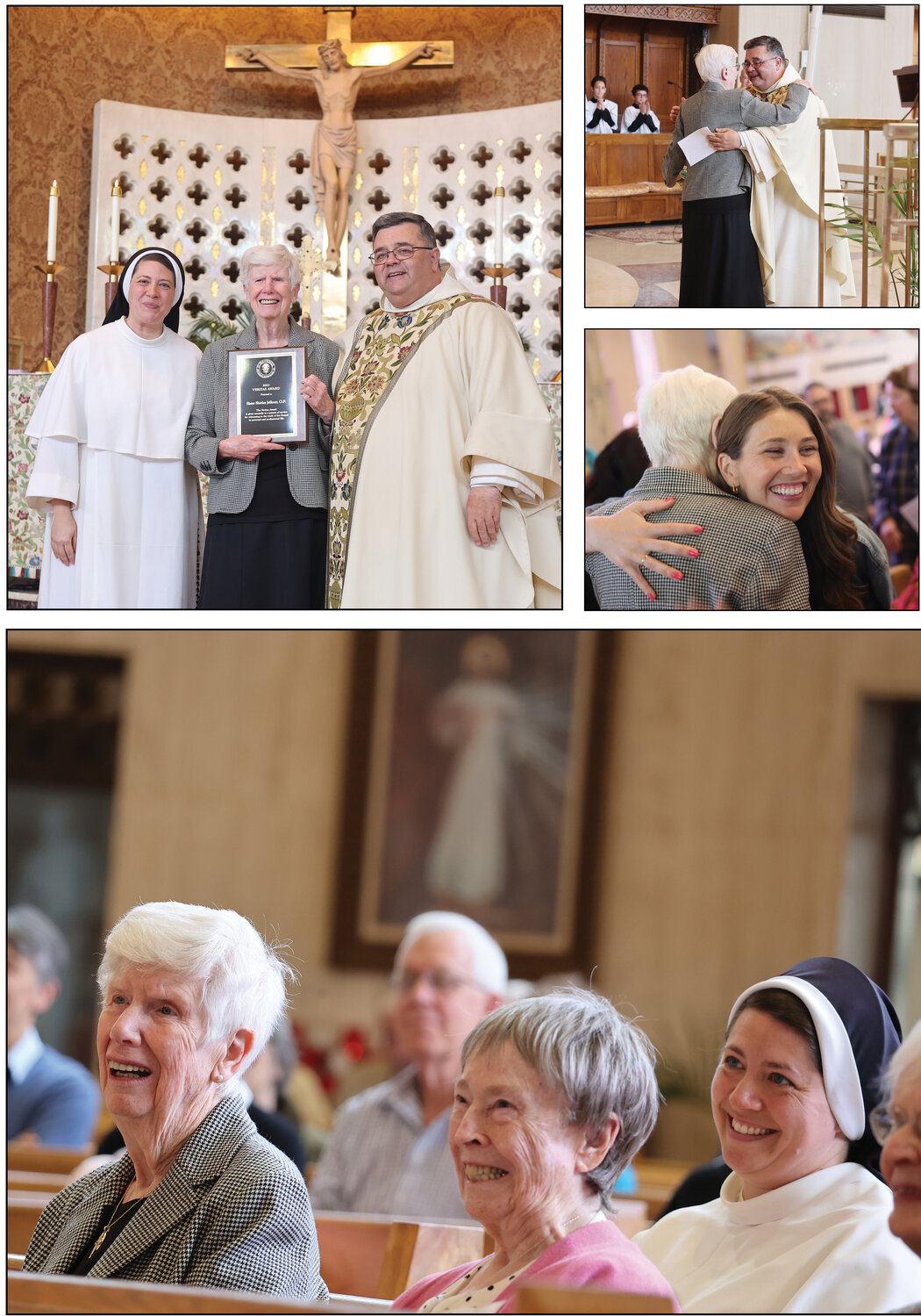 Lasting legacy: Above at left, St. Pius V School Principal Sister Josemaria Pence, O.P., left, and Father James Mary Sullivan, O.P., pastor, present the 2023 Veritas Award to Sister Shirley Jeffcott, O.P., in honor of her 40 years of service to the school and parish.

To view many more photos from this story, visit ricatholic.smugmug.com