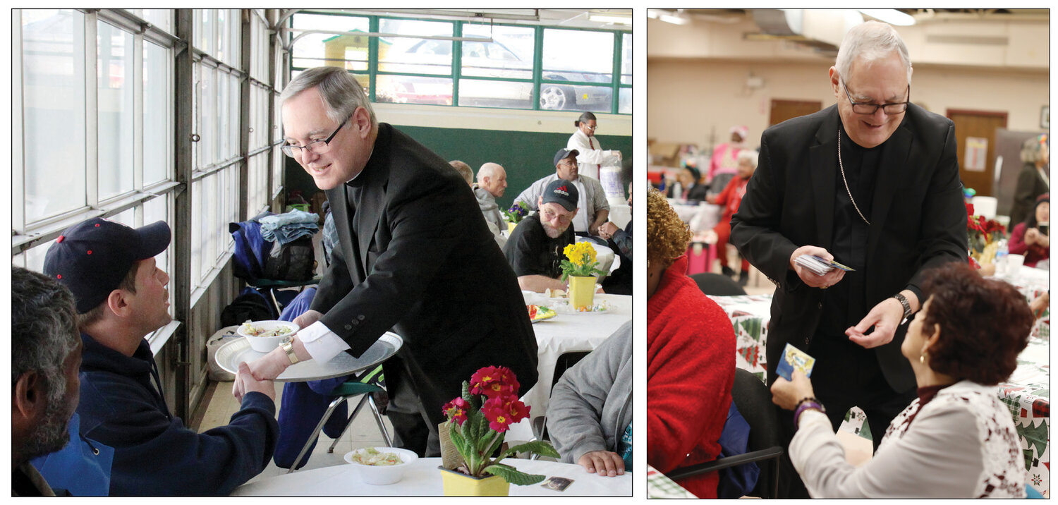 Above, left, Bishop Thomas J. Tobin serves Easter dinner to guests at the diocesan Emmanuel House Emergency Shelter in 2014. Above, right, Bishop Tobin distributes prayer cards to seniors during a Christmas visit to St. Martin de Porres Center in Providence on Thursday, Dec. 15, 2022. Bishop Tobin told the seniors that he prays that God will continue to bless them. “It’s comforting to know that in the birth of Jesus, God is with us and that makes all the difference in the world. That’s why in this Christmas season we can celebrate so well with joy, with peace and with hope — because of the promise that God is always with us.”