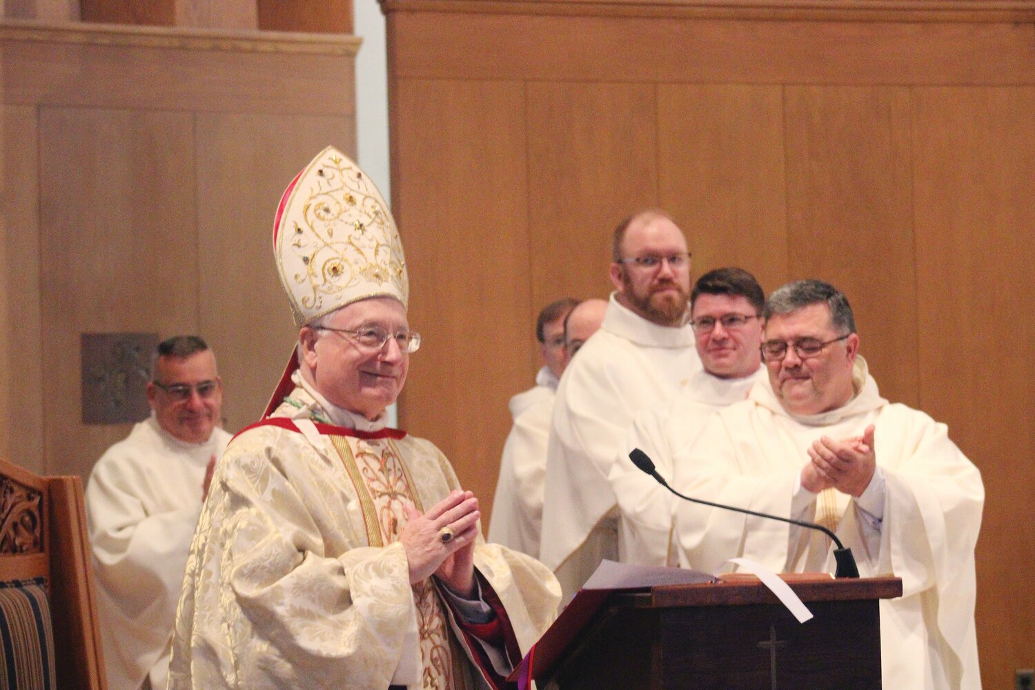 The Most Reverend Robert C. Evans, former Auxiliary Bishop of Providence, observed the Golden Jubilee of his priestly ordination by celebrating Holy Mass at Our Lady of Mercy Church, East Greenwich, on Sunday, July 2.