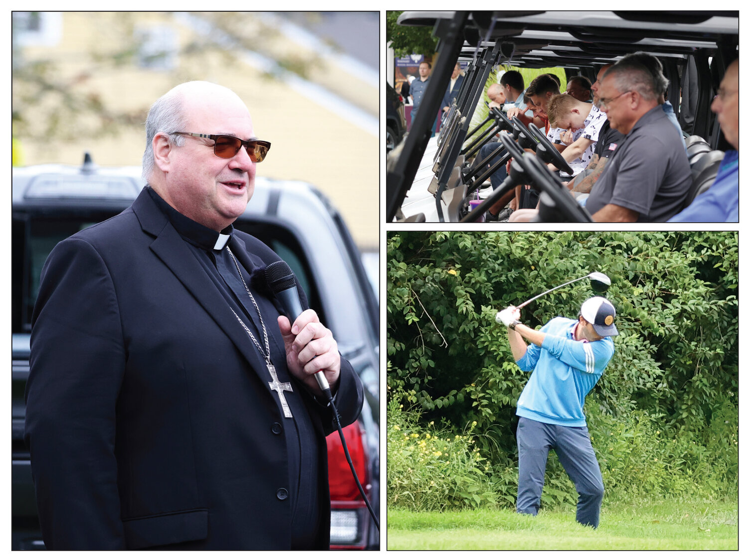 Golfers bow their heads in prayer as Bishop Richard G. Henning offers a blessing.