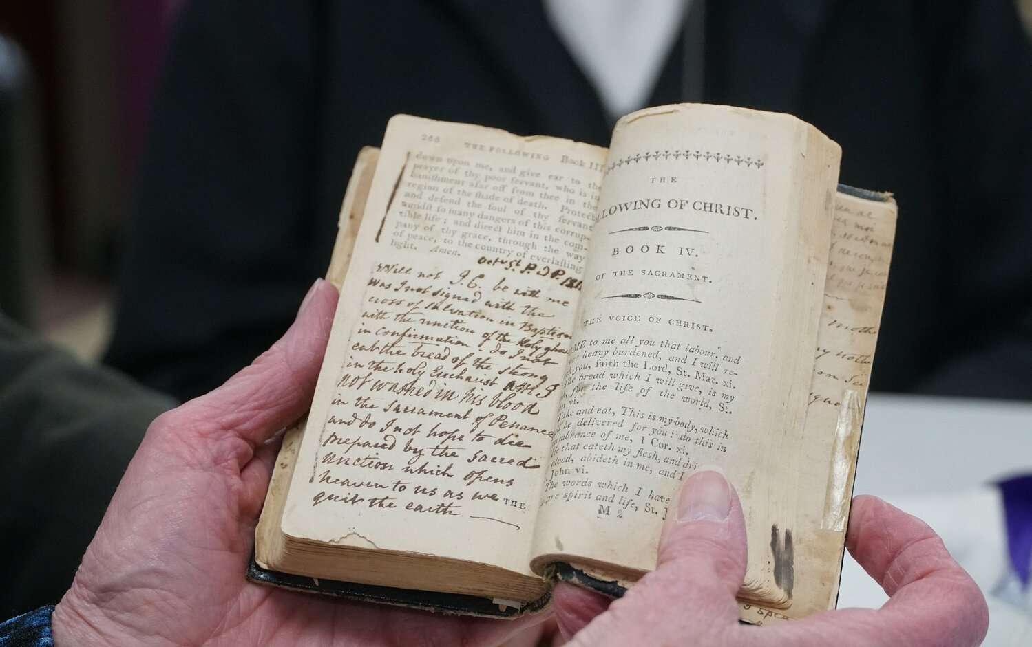 This is an original copy of St. Elizabeth Ann Seton's "The Following of Christ" (commonly translated as "The Imitation of Christ”). The book testifies to her love of Jesus and is coming home to the National Shrine of St. Elizabeth Ann Seton in Emmitsburg, Md.