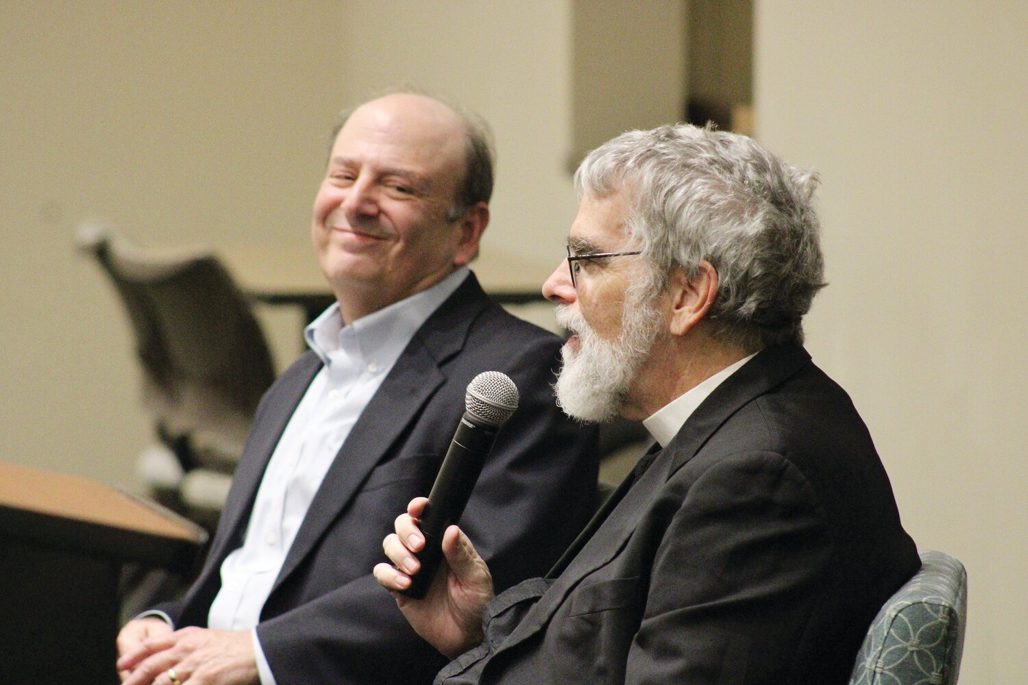 Local clergy, religious, students, and representatives of both Judaism and Catholicism meet to listen to the panel discussion on science and religion with Brother Guy Consolmagno, S.J., and Dr. Peter Saulson.